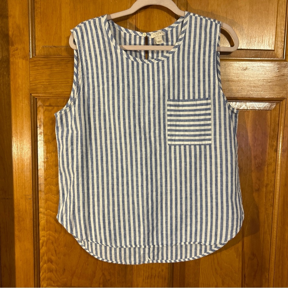 J.Crew Striped Linen Blend Sleeveless W/Pocket Key Hole W/Button Sz 14-EUC